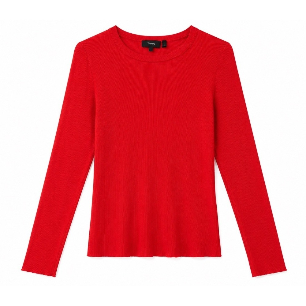 Theory Womens Red Ribbed Knit Long Sleeve Crewneck Fitted Sweater Top L